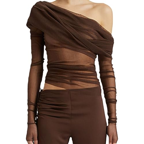 MAHUAOYIXI Langarmshirt Damen Sexy Langarm Off Shoulder Plissee Casual Mädchen Damen Crop Tops Mädchen Slim Fit Top Damen Mädchen Bluse Kurz Elegant, Kaffeebraun, Large MAHUAOYIXI Langarmshirt Damen Sexy Langarm Off Shoulder Plissee Casual Mädchen Damen Crop Tops Mädchen Slim Fit Top Damen Mädchen Bluse Kurz Elegant, Kaffeebraun, Large von MAHUAOYIXI