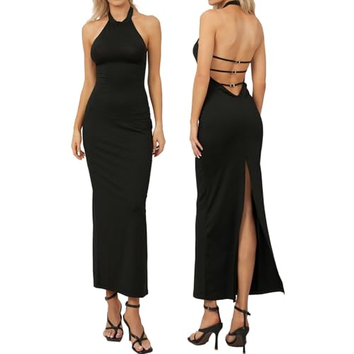 MAHUAOYIXI Langes Kleid für Damen, elegant, Spitze, schwarz, Sommerkleid, ärmellos, einfarbig, Abendkleid, Damen, elegant, sexy Damen-Kleid, Schwarz A, L von MAHUAOYIXI