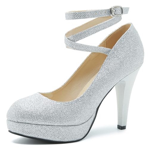 Damen Knöchel Kreuz Riemen Pumps Plateau Stiletto Kleid High Heel Schwarz Futter Glitzer Silber, Silberfarbener Glitzer, 10 cm, 45 EU von MAIERNISI JESSI