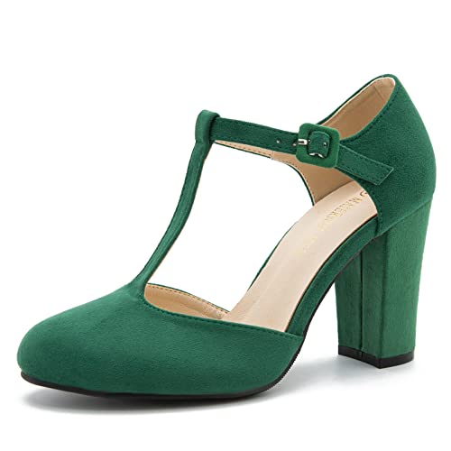 Damen T-Riemen Block Chunky Heel Mary Jane Pumps Cut Out Brautkleid Schuhe, Wildleder grün, 39 EU von MAIERNISI JESSI