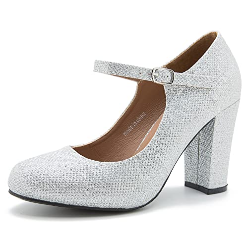 MAIERNISI JESSI Damen Geschlossene Zehenpartie Knöchelriemen Blockabsatz Runde Zehe Chunky High Heel Mary Jane Pumps, Silberfarben glitzernd, 37.5 EU von MAIERNISI JESSI