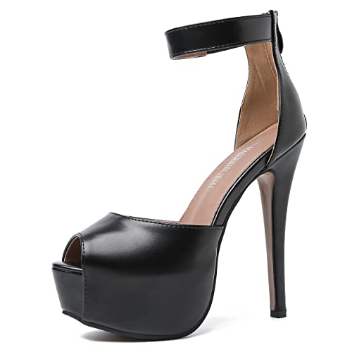 MAIERNISI JESSI Damen Sandalen Plateau Peep Toe Knöchelriemen Stiletto High Heel Kleid Reißverschluss, Mattes Schwarz, 45 EU von MAIERNISI JESSI