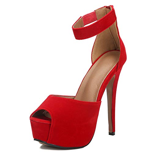 MAIERNISI JESSI Damen Sandalen Plateau Peep Toe Knöchelriemen Stiletto High Heel Kleid Reißverschluss, Samt Rot, 44 EU von MAIERNISI JESSI
