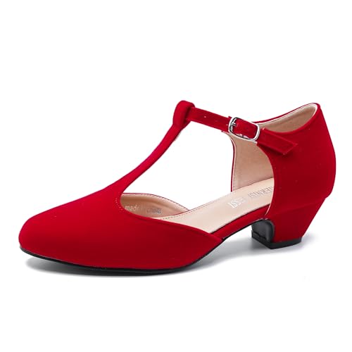 MAIERNISI JESSI Damen T-Riemen Low Chunky Heel Mary Jane Pumps Cut Out Hochzeitskleid Schuhe, Samtrot, 38.5 EU von MAIERNISI JESSI