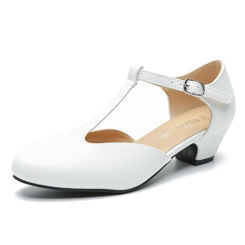 MAIERNISI JESSI Damen T-Riemen Low Chunky Heel Mary Jane Pumps Cut Out Hochzeitskleid Schuhe, Weiß matt, 37.5 EU von MAIERNISI JESSI