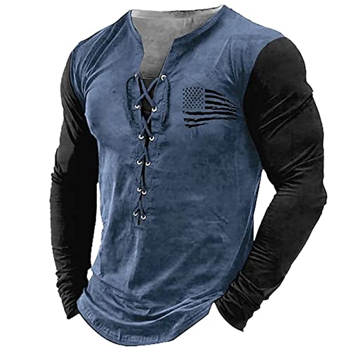 Herren V-Ausschnitt Lace Up Patchwork Langarm T-Shirt Vintage Biker Motorrad Distressed T Shirt Amerikanische Flagge Muster Outdoor Straße Pullover Tops von MAIISO