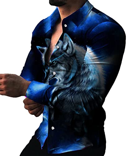 MAIISO Herren 3D Wolf bedrucktes Hemd Vintage Slim Fit Langarmhemden Mode Button Down Revers Bluse Casual Regular Blusen Top von MAIISO