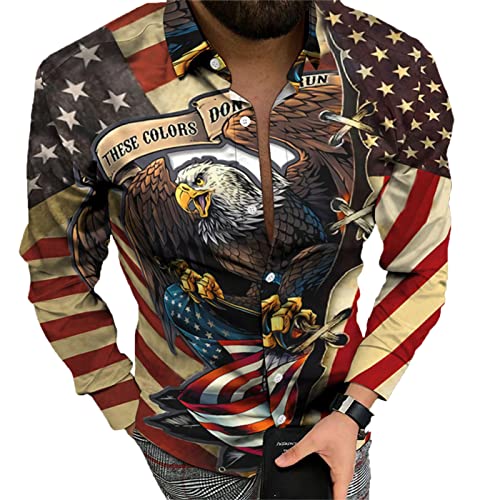 Männer 3D amerikanische Flagge Adler gedruckt Shirt Vintage Slim Fit Langarmhemden Mode Button Down Revers Bluse Casual Regular Blusen Top von MAIISO