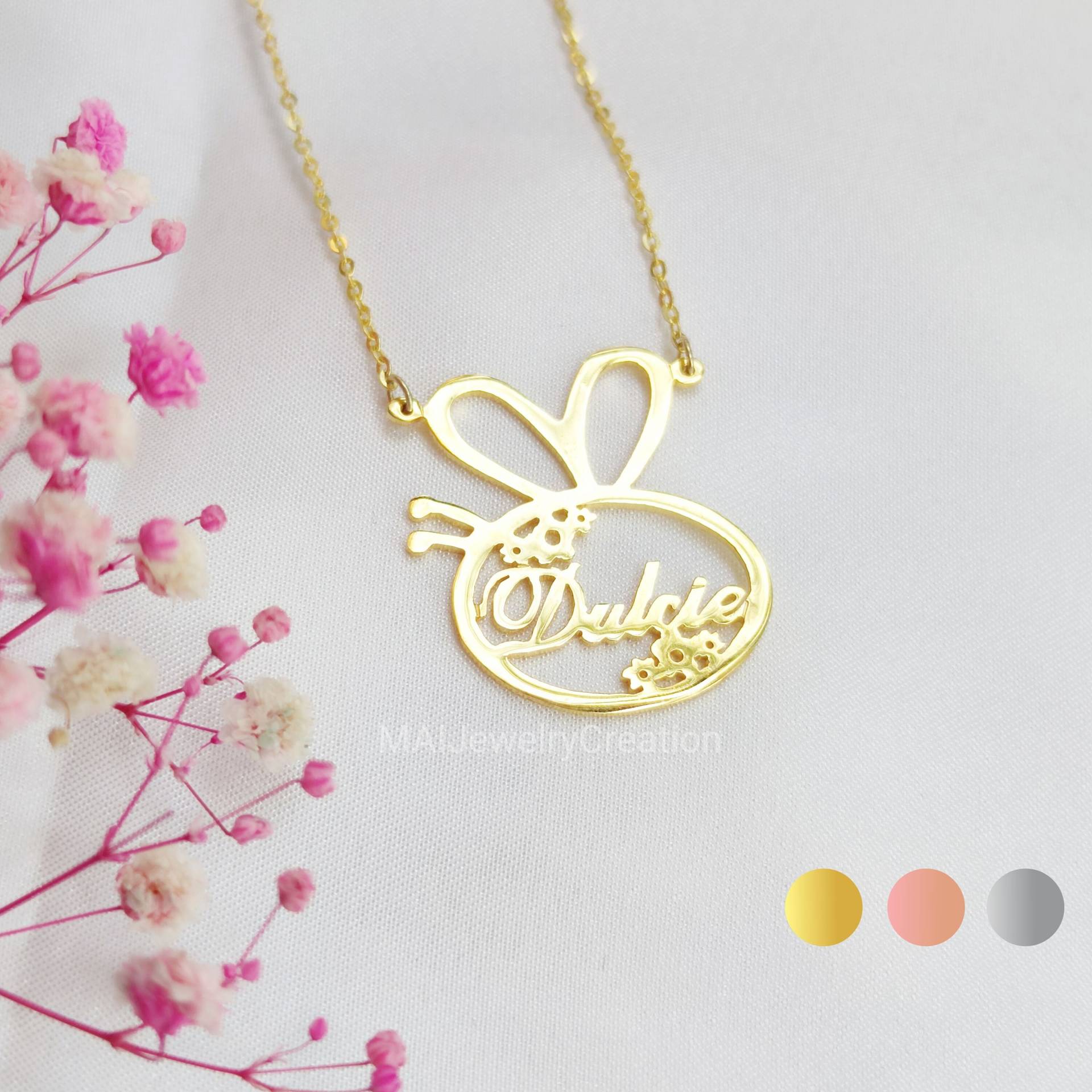 Bienen Halskette Honig Biene Namenskette Geschenke Für Kinder 925 Sterling Silber 18K Gold & Rose Plated von MAIJewelryCreation