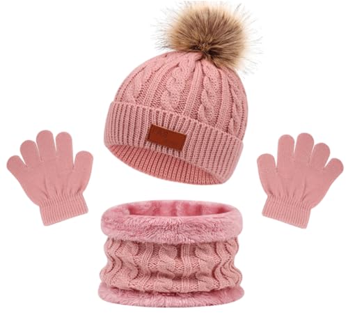 MAILEKT Mütze Schal & Handschuh-sets für Mädchen & Jungen, 3 in 1 Warme Wintermütze Schlauchschal StrickHandschuhe Set, Bommelmütze Kinder Schal Set Geschenk für Kinder 2-6 Jahre von MAILEKT