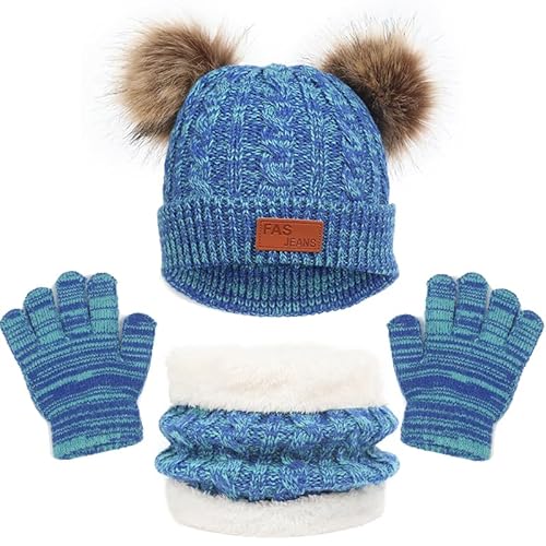 MAILEKT Mütze Schal & Handschuh-sets für Mädchen & Jungen, 3 in 1 Warme Wintermütze Schlauchschal StrickHandschuhe Set, Bommelmütze Kinder Schal Set Geschenk für Kinder 2-6 Jahre von MAILEKT