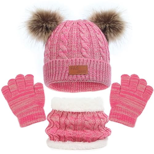 MAILEKT Mütze Schal & Handschuh-sets für Mädchen & Jungen, 3 in 1 Warme Wintermütze Schlauchschal StrickHandschuhe Set, Bommelmütze Kinder Schal Set Geschenk für Kinder 2-6 Jahre von MAILEKT