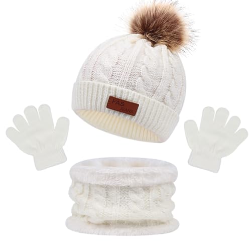 MAILEKT Mütze Schal & Handschuh-sets für Mädchen & Jungen, 3 in 1 Warme Wintermütze Schlauchschal StrickHandschuhe Set, Bommelmütze Kinder Schal Set Geschenk für Kinder 2-6 Jahre von MAILEKT
