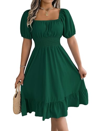MAILEP Sommerkleid Damen Frauen Lässig A-Line Square Neck Puff Ärmel Hem-Grün-M von MAILEP