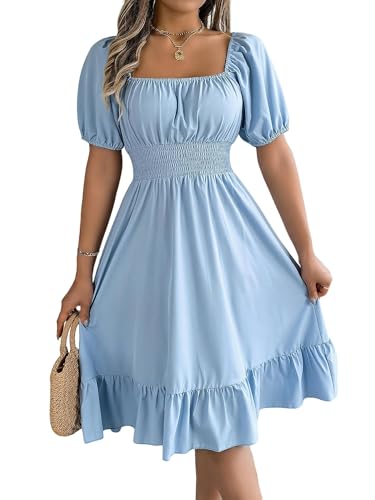 Sommerkleid Damen Frauen Lässig A-Line Square Neck Puff Ärmel Hem-Hellblau-L von AMZZHAO