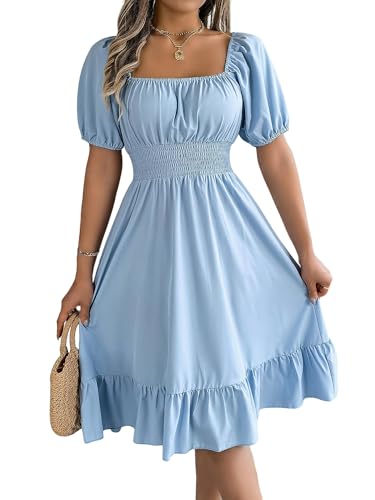 MAILEP Sommerkleid Damen Frauen Lässig A-Line Square Neck Puff Ärmel Hem-Hellblau-XL von MAILEP