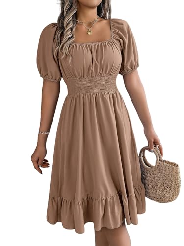 MAILEP Sommerkleid Damen Frauen Lässig A-Line Square Neck Puff Ärmel Hem-Khaki-M von MAILEP
