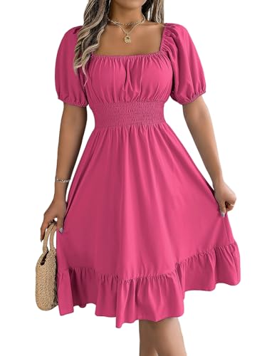 MAILEP Sommerkleid Damen Frauen Lässig A-Line Square Neck Puff Ärmel Hem-Rosenrot-L von MAILEP