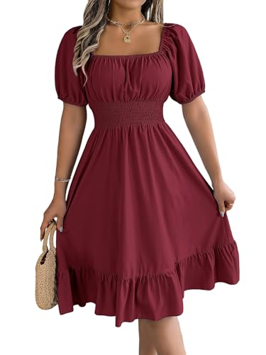 MAILEP Sommerkleid Damen Frauen Lässig A-Line Square Neck Puff Ärmel Hem-Rotwein-L von MAILEP