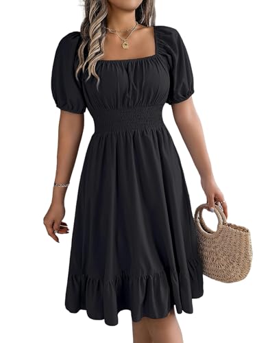 MAILEP Sommerkleid Damen Frauen Lässig A-Line Square Neck Puff Ärmel Hem-Schwarz-S von MAILEP