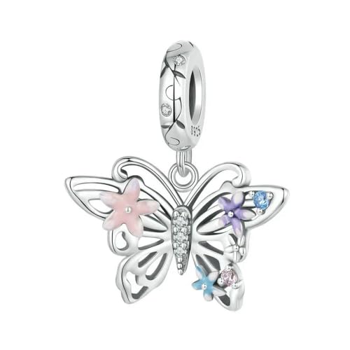 MAITONGG 925 Sterling Silber Bunte Schmetterling Charms Iris Kreuz Anhänger Rosa Kristall Perle Fit Damen Original Armband Halskette von MAITONGG