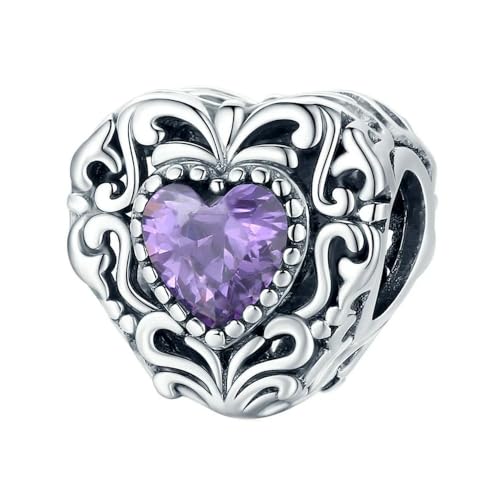 MAITONGG 925 Sterling Silber Lila Kristall Lotus Charms Perle Drop Anhänger Retro Hohlherz Perlen Fit Original Armband Halskette von MAITONGG