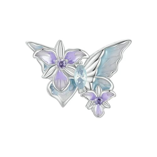 MAITONGG 925 Sterling Silber Schmetterling Charm Lila Blume Perlen Kristall Anhänger Fit Damen Armband Halskette von MAITONGG