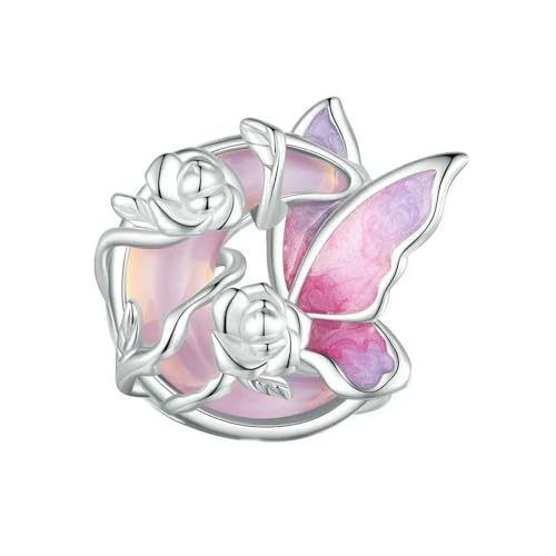 MAITONGG Rosa Kristall Schmetterling Charm Herz Rose Anhänger 925 Sterling Silber Mond Perlen Passen Original Armband Halskette Diy Schmuck von MAITONGG