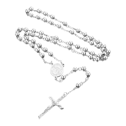 Katholischer Rosenkranz, vergoldet oder versilbert, Rosenkranz, Edelstahl, Gebetskette, Medaille St. Benedikt, Schutzsymbol, religiöser Schmuck, 5 mm, Edelstahl von MAJALE