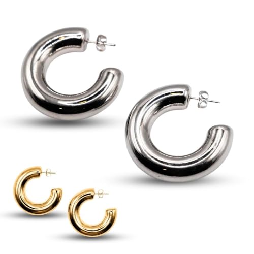 MAJALE- Dicke Kreolen, Grosse Edelstahl Ohrringe für Frauen, Mädchen - Gold- oder Silberfarbe Modeschmuck (3 cm, versilbert) von MAJALE
