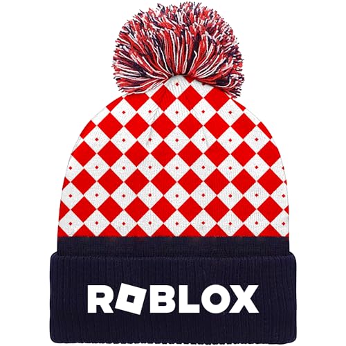 MAJEQZGY Roblox Beanie Mütze Stickerei Strickmütze für Kinder Mütze mit Bommel Weiche Winter Daily Beanie Strickmütze Geschenke (DE/NL/SE/PL, Alphanumerisch, M, 60, Klassisches Rotes Karomuster) von MAJEQZGY