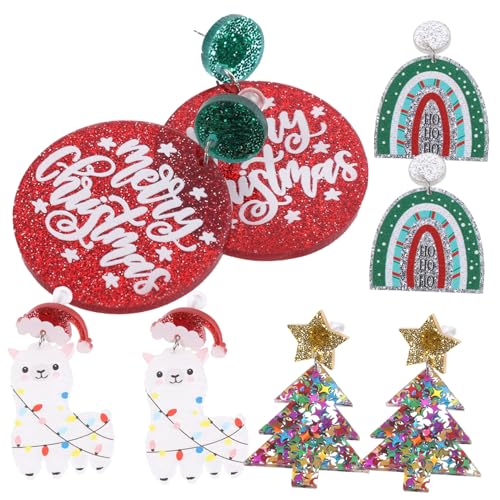 MAJORMENCH 4 Paare Weihnachtsbaum Ohrringe Damen Dangle Ohrschmuck Leicht und Langlebig Teen Festival Ohrstecker Silber Rot Bunte Glitzerstern Weihnachtsdeko von MAJORMENCH