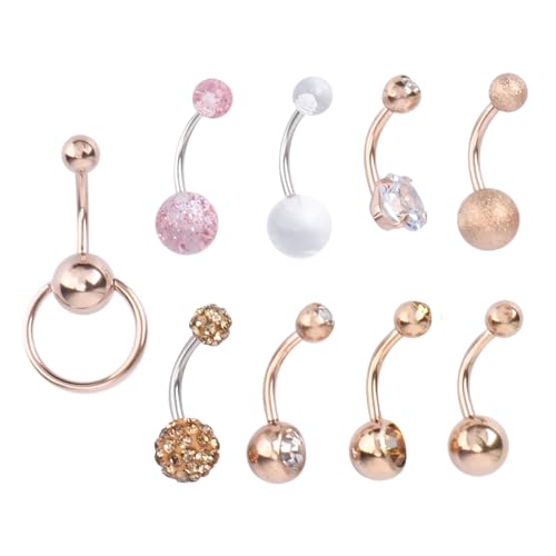 MAJORMENCH 9 Stück Teiliges Bauchnabelpiercing aus Zirkonia Rosenvergoldete Bauchnabelringe für Damen Modische und Komfortable Körperpiercing Ringe Vielseitig für Party und Alltag Geeignet von MAJORMENCH