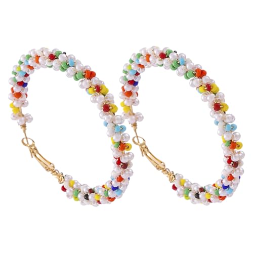 MAJORMENCH Boho Statement Ohrringe Große Beaded Hoop Creolen Damen Modeschmuck mit Bunten Perlen Extragroß Modisch und Bequem für Hochzeit Geburtstag Party von MAJORMENCH