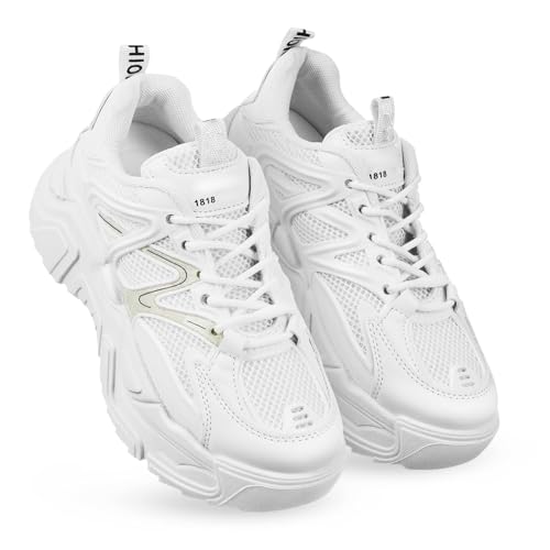 MAJORMENCH Chunky Sneakers Damen mit Dicker Sohle rutschfest Langlebiges Pu Material Modische Sportschuhe für Alltag und Outdoor Weiße Schnürschuhe von MAJORMENCH