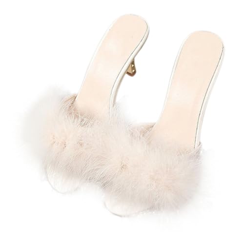 MAJORMENCH Damen High Heel Sandalen Weiß Beige Größe 38 Rutschfeste Sommerpantoffeln mit Faux Offene Hausschuhe für Drinnen und Draußen Chic Stil von MAJORMENCH