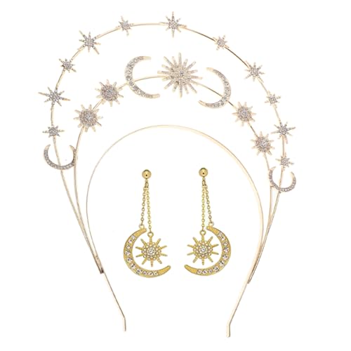 MAJORMENCH Goldfarbenes Stern und Mond Haarreif mit Dreistufiger Göttinnenkrone und Ohrringen Eleganter Hochzeitsschmuck für Braut Verlobung und Festliche Anlässe von MAJORMENCH