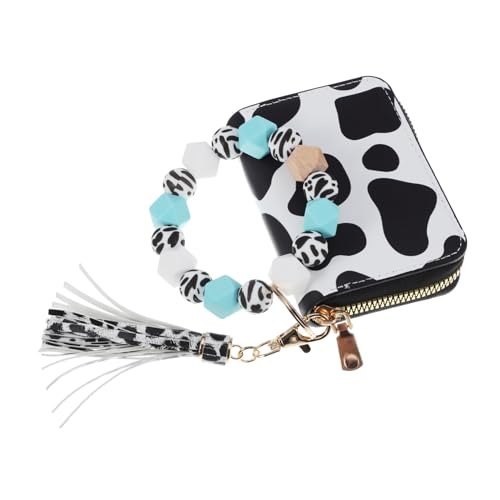 MAJORMENCH Kleine Cow Wallet Kartenetui aus PU mit Schlüsselanhänger aus Silikon und Robustem Perlenarmband Multifunktional für Karten Münzen und Schlüssel Portemonnaie für Damen und Freunde von MAJORMENCH