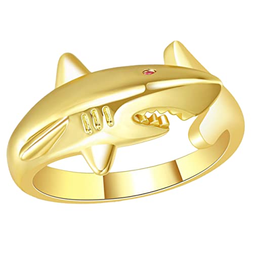 MAJORMENCH Shark Ring Damen Offener Verstellbarer Statement Ring Kupfer Schmuck mit Roter Steinverzierung für Party Hochzeit Alltag von MAJORMENCH