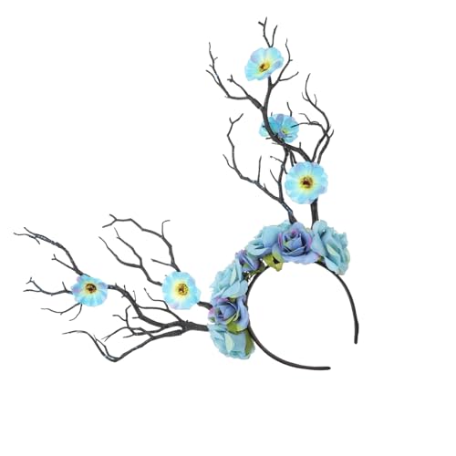 MAJORMENCH Stirnband mit Kreativem Hirschgeweih und Blauen Rosen Leichtes Party Haarreif für Erwachsene Komfortabel Auffälliges Blumen Accessoire für Karneval und Festtagsfeiern von MAJORMENCH