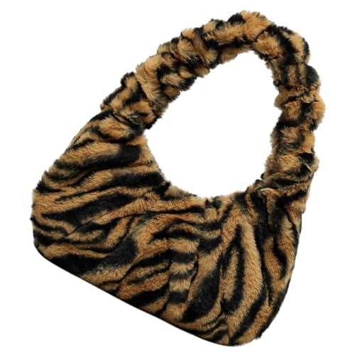 MAJORMENCH Winter Plüsch Tote Bag Damen Schultertasche Gestreift Leichte Umhängetasche Modisch für Alltag und Party Braun von MAJORMENCH