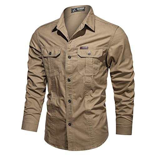 MAKABAKA Herren Outdoor Tactical Hemd Sommer Langarm Shirts Atmungsaktiv Armee Hemd Schnelltrocknend Militär Hemd Männer Leicht Funktionshemd Arbeitsshirt, Khaki, L von MAKABAKA