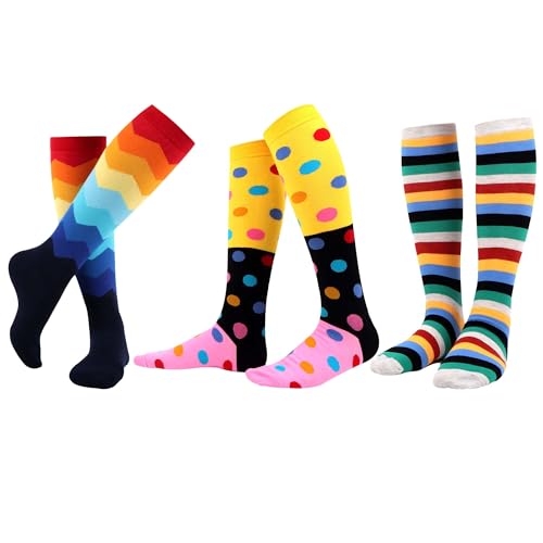 MAKABO Damen Kniestrümpfe bunt gemustert, 3 Paar Multicolor Geometrie lange Socken, Größe 35-38 von MAKABO