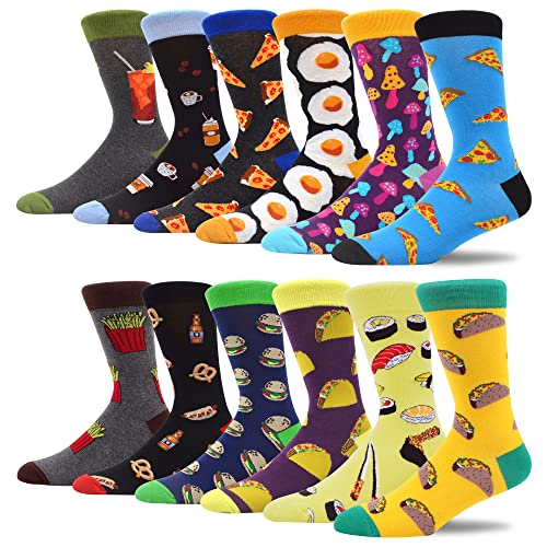 MAKABO Fun Casual Socks For Men Colorful Patterned Funny Novelty Dress Crew Socks 12 Packs (Sock size: 10-13 | Shoe size: 6-12, 12 Pairs - Fun Food Series) von MAKABO