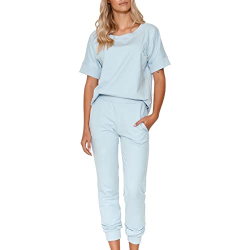 MAKADAMIA Damen Tracksuit Set | Größe: 40/42 | Farbe: Blau | Kurze Ärmel | Lange Hose | Basic | Modisches Muster | Runder Ausschnitt | Runder und bequemer Schnitt von MAKADAMIA