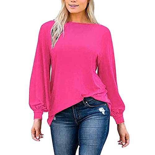 MAKARTHY Damen Lange Puffärmel U-Boot-Ausschnitt T-Shirts Tunika Top, A-fuchsia, 3X-Groß von MAKARTHY