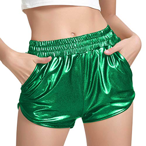MAKARTHY Damen Metallic Shorts Elastische Taille Glänzend Glitzernde Rave Hose, dunkelgrün, X-Groß von MAKARTHY
