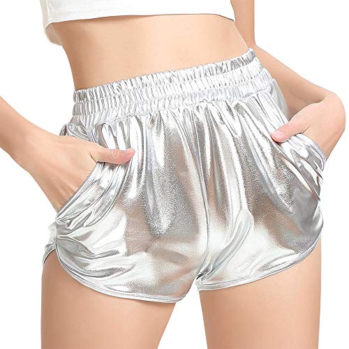 MAKARTHY Damen metallic shorts glänzende hosen rave beute tanz shorts groß silber von MAKARTHY