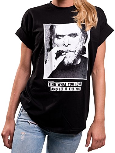 Bukowski Print T-Shirt Damen Übergröße Longshirt Oversize locker geschnitten schwarz Größe L von MAKAYA