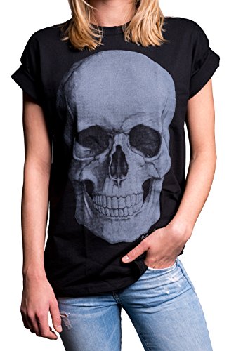 Coole Frauen Shirts mit Totenkopf - Skull Oberteil - Übergröße weit geschnitten Kurzarm schwarz große Größen S von MAKAYA